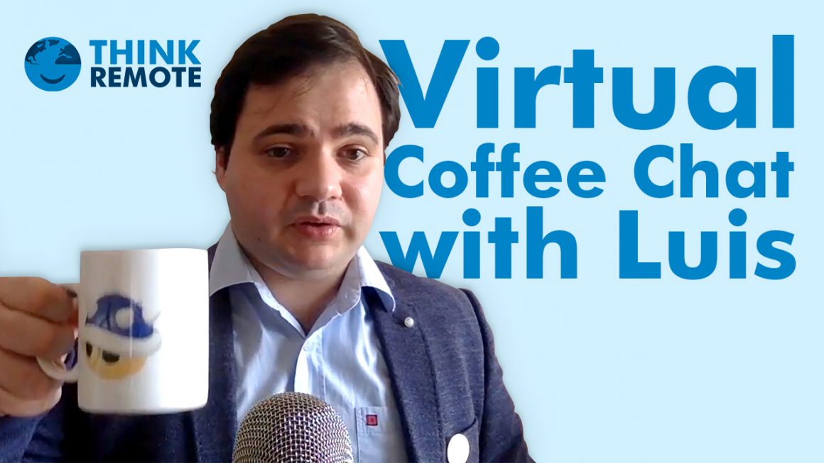 Luis having coffee in a mug during virtual chat