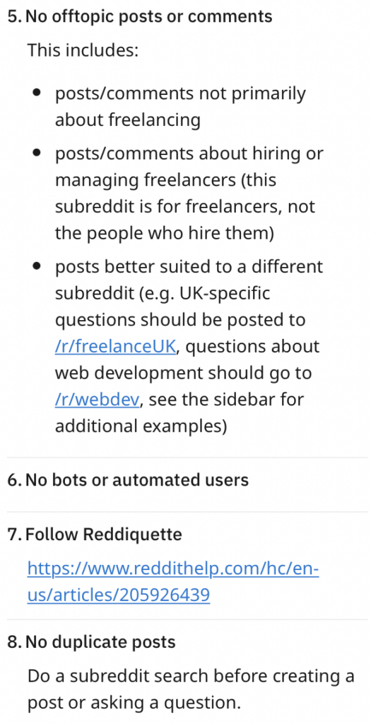 Freelance reddit channel rules